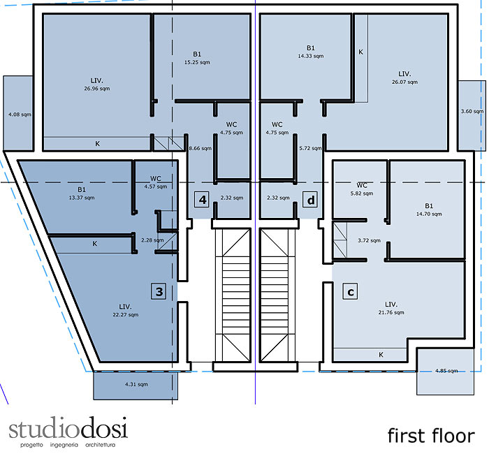 Prvi sprat: 4 stana od 47 do 62 m2 (uključujući balkone)
