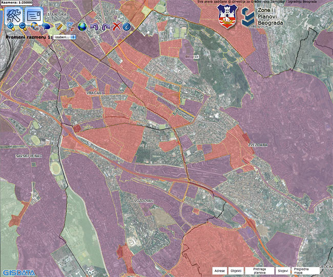 Regulation plans with aerial picture of Belgrade as an overlay