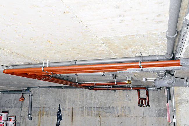 Pipes for the distribution of heat in Amadeo II, connecting verticals with the geothermal heat pump