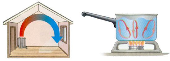 Heat convection current triggered by a radiator and in boiling water