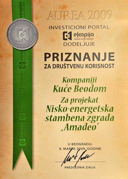 The award received by Kuće Beodom for the project Amadeo