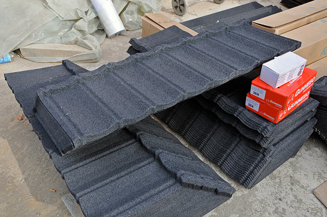 Stack of Icopal Decra-Octava roof tiles